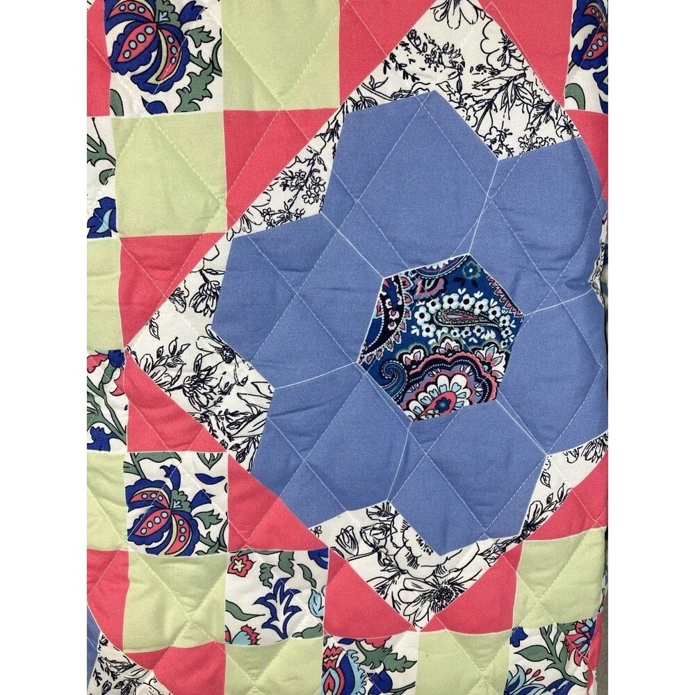 Vera Bradley Full Queen Quilt Set 3 Piece Reversible Floral Patchwork Blue Green